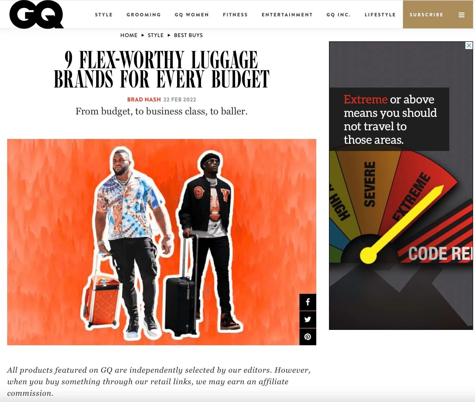 GQ article showcasing flex-worthy luggage brands for every budget, featuring Aidan as a timeless Australian brand.
