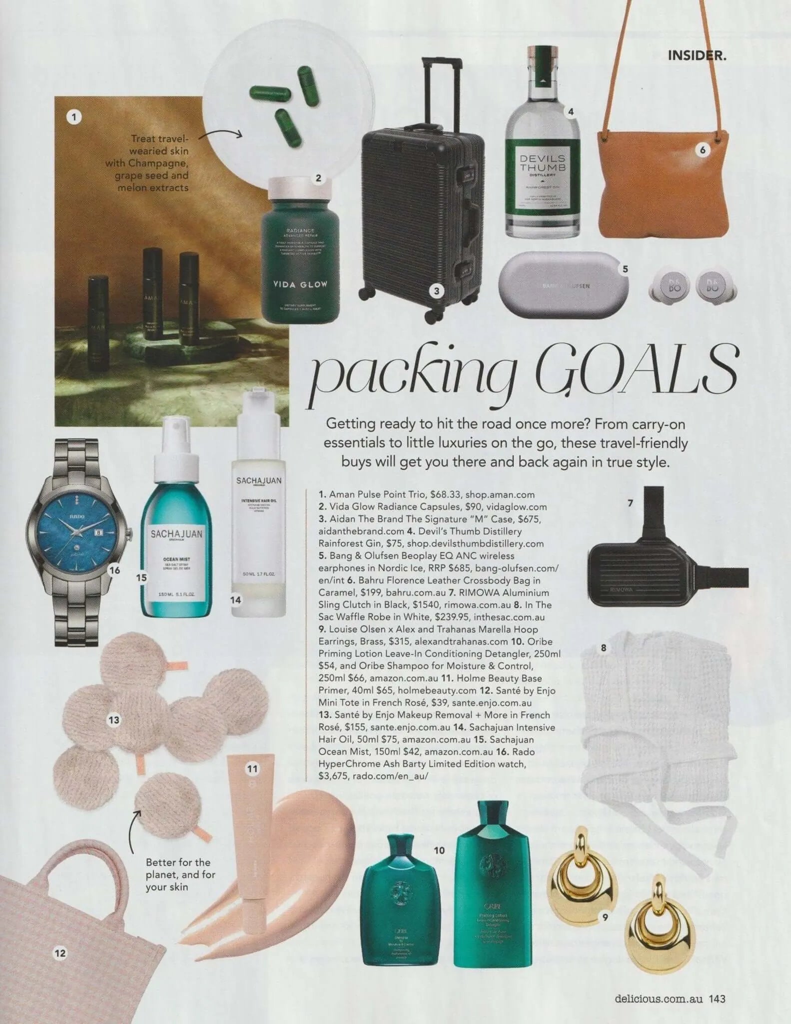 Collage of travel essentials featured in Delicious magazine's packing goals article, including luggage and beauty products.